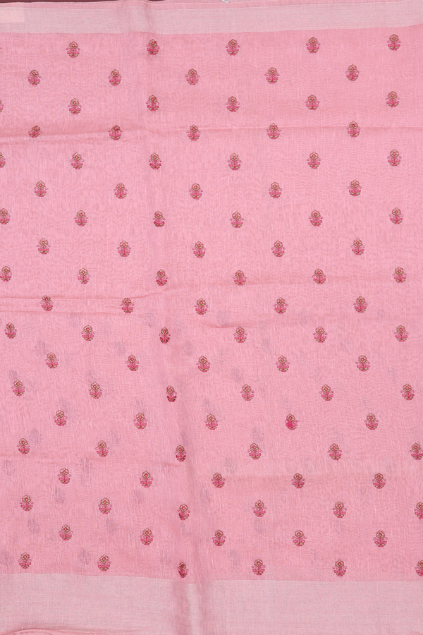 Linen Saree In Peach Pink With Floral Buttas