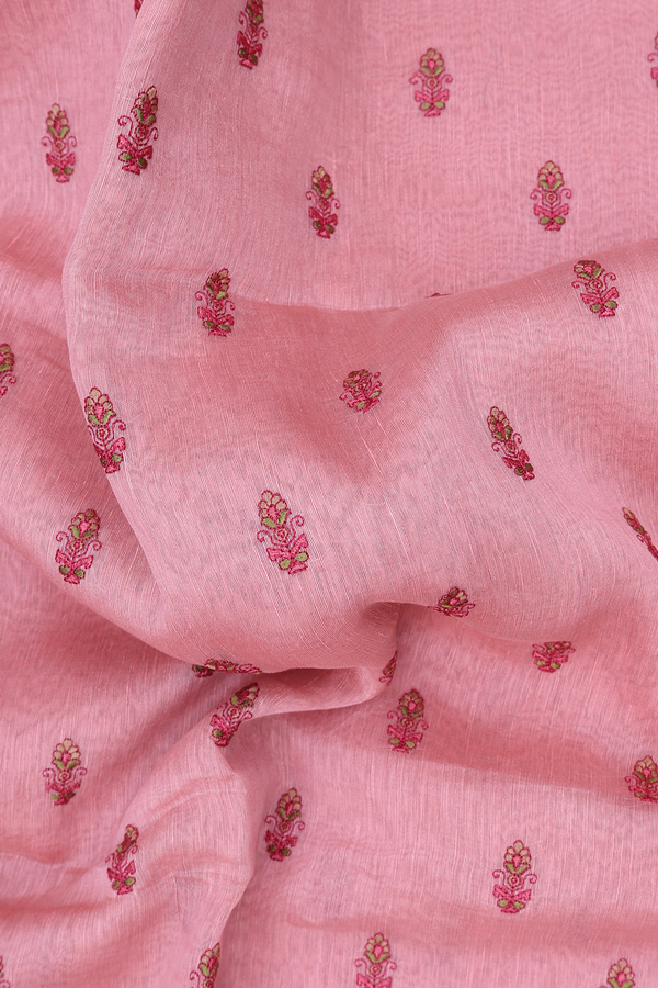 Linen Saree In Peach Pink With Floral Buttas