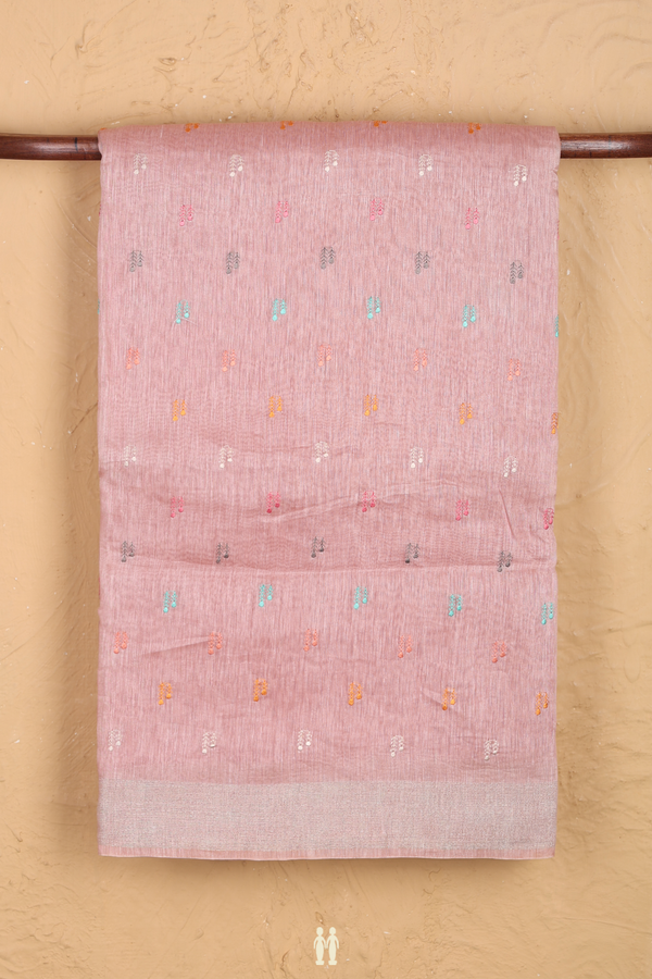 Linen Saree In Dusty Rose With Threadwork Buttas