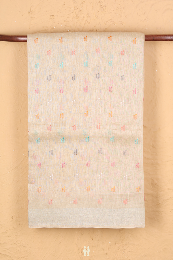 Linen Saree In Cream Color With Threadwork Buttas