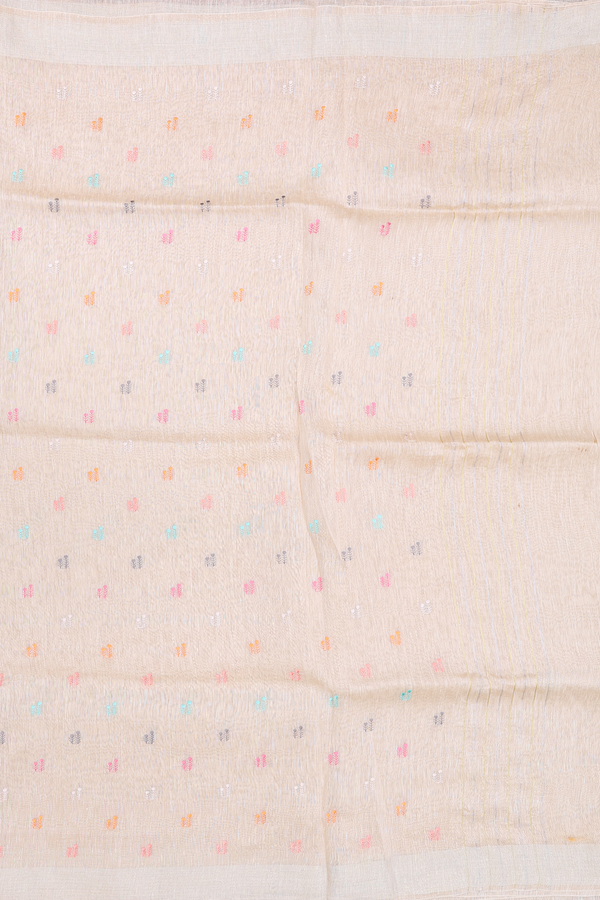 Linen Saree In Cream Color With Threadwork Buttas
