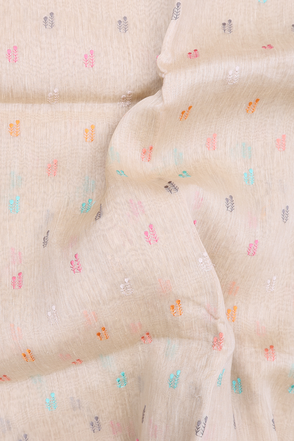 Linen Saree In Cream Color With Threadwork Buttas