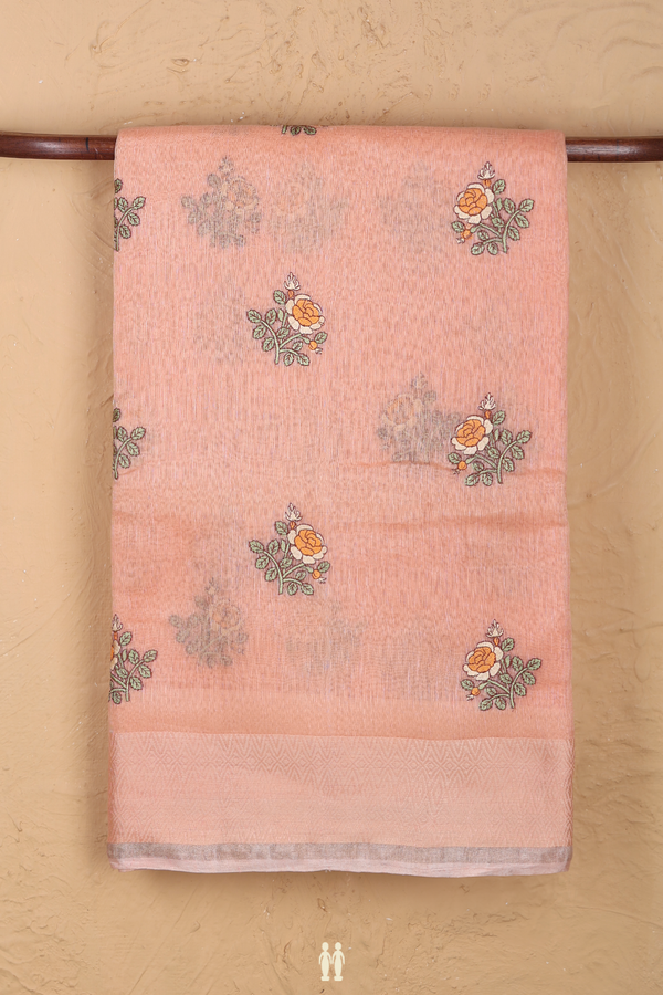 Linen Saree In Light Orange With Floral Buttas