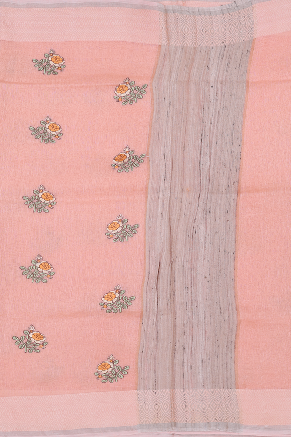 Linen Saree In Light Orange With Floral Buttas