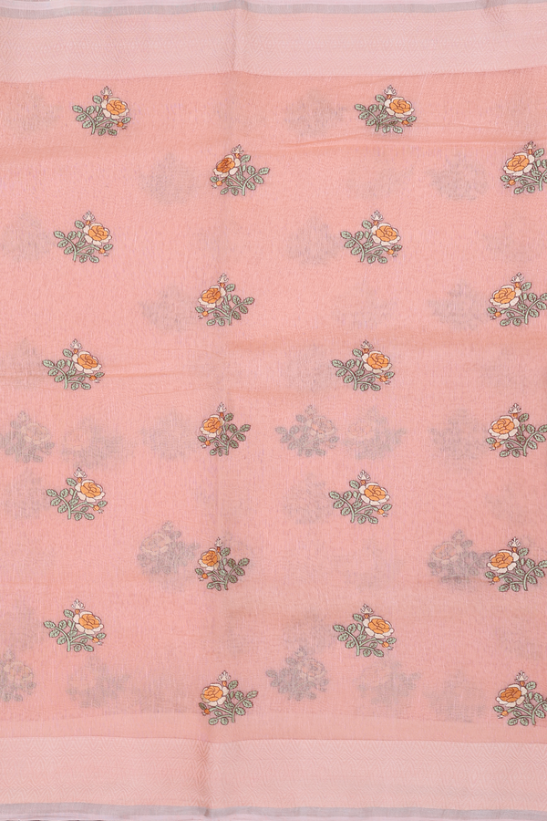 Linen Saree In Light Orange With Floral Buttas