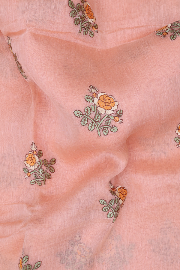 Linen Saree In Light Orange With Floral Buttas