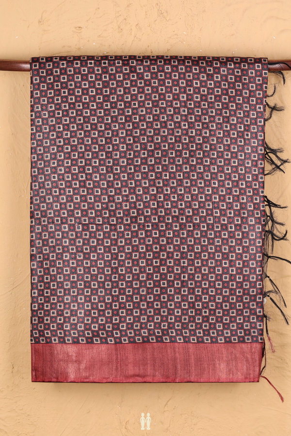 Tussar Silk Saree Charcoal Grey With Square Design
