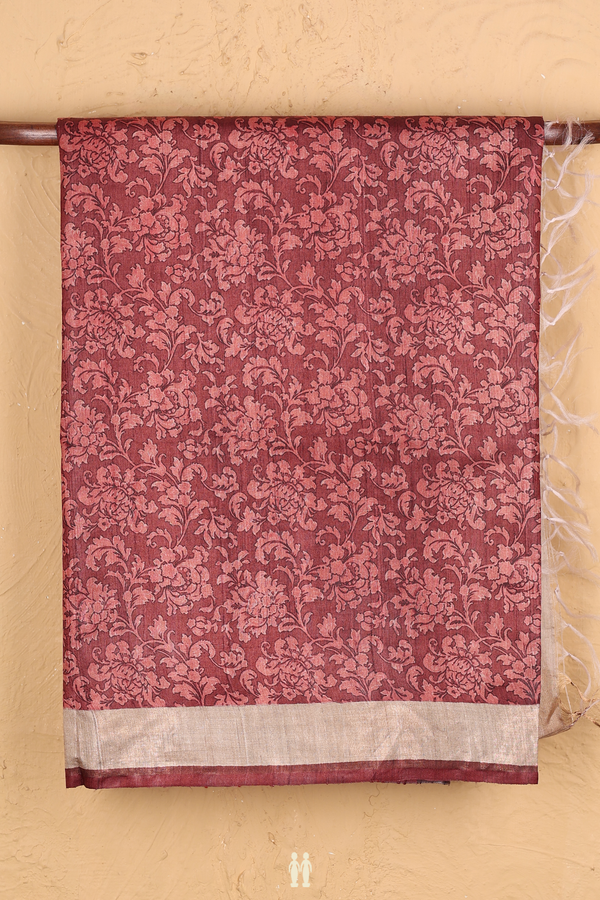 Tussar Silk Saree In Brick Brown With Floral Design
