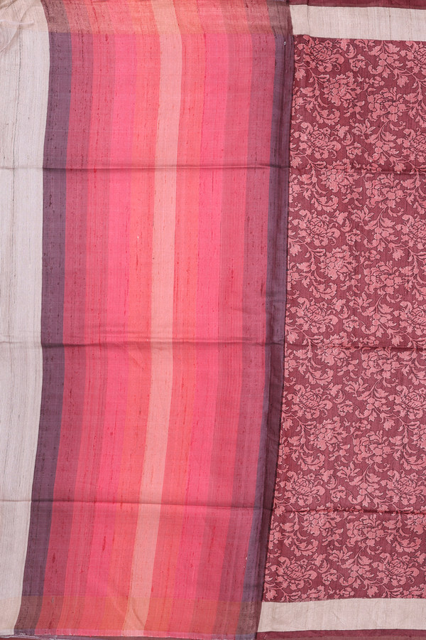 Tussar Silk Saree In Brick Brown With Floral Design