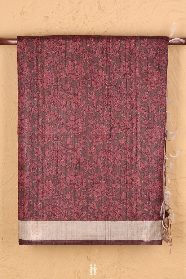 Tussar Silk Saree In Dark Coffee Brown With Floral Design