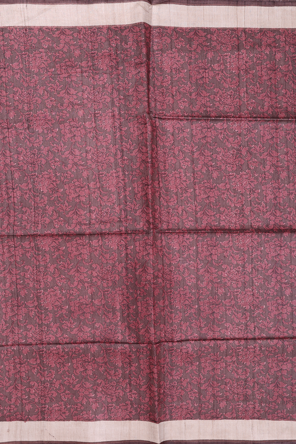Tussar Silk Saree In Dark Coffee Brown With Floral Design