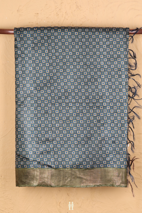 Tussar Silk Saree In Pine Green With Square Design