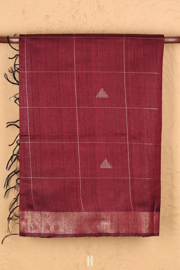 Tussar Silk Saree In Burgundy Red With Checks Along Buttas
