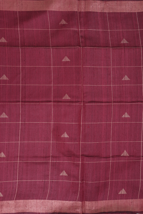 Tussar Silk Saree In Burgundy Red With Checks Along Buttas