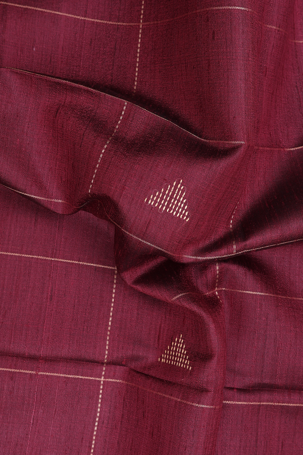 Tussar Silk Saree In Burgundy Red With Checks Along Buttas