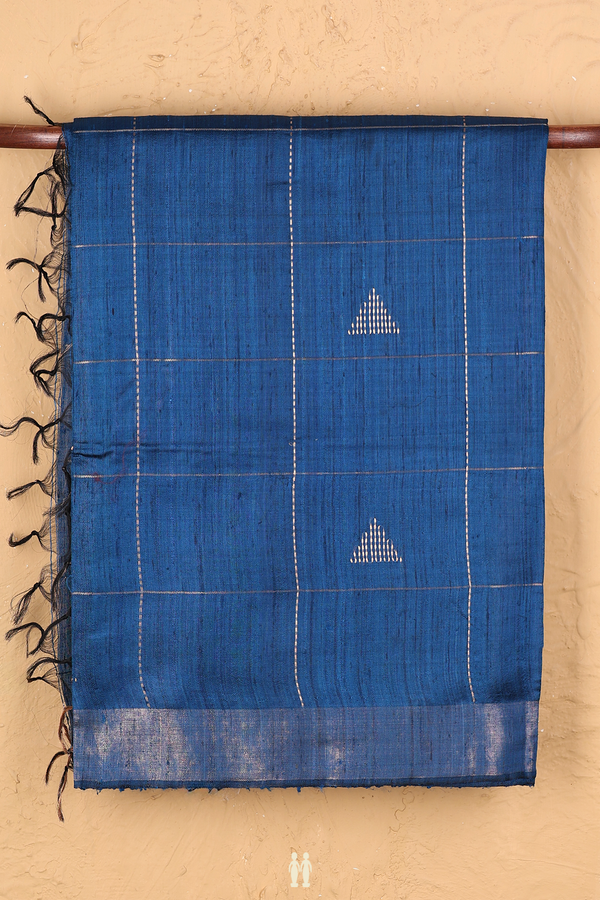 Tussar Silk Saree In Blue Along Checks With Buttas