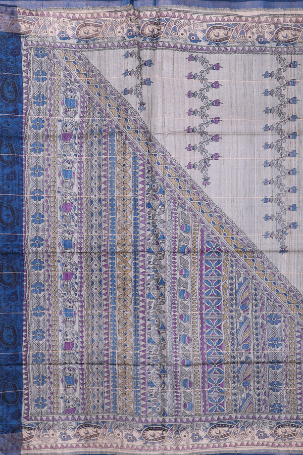 Tussar Silk Saree In Blue Along Checks With Buttas