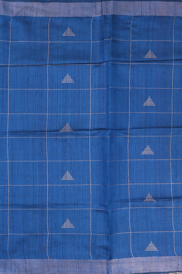 Tussar Silk Saree In Blue Along Checks With Buttas