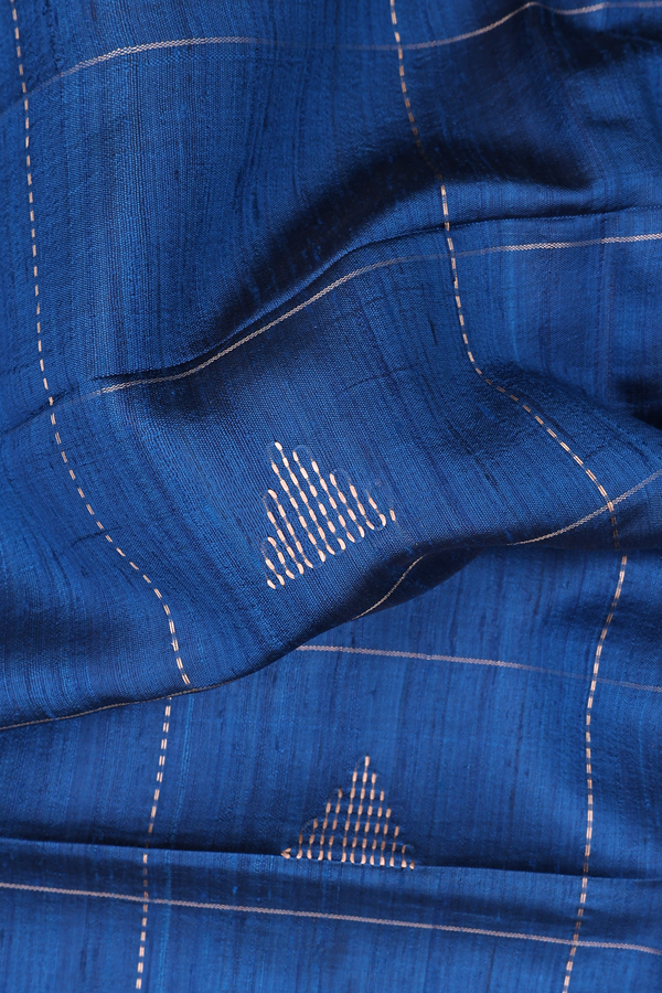 Tussar Silk Saree In Blue Along Checks With Buttas