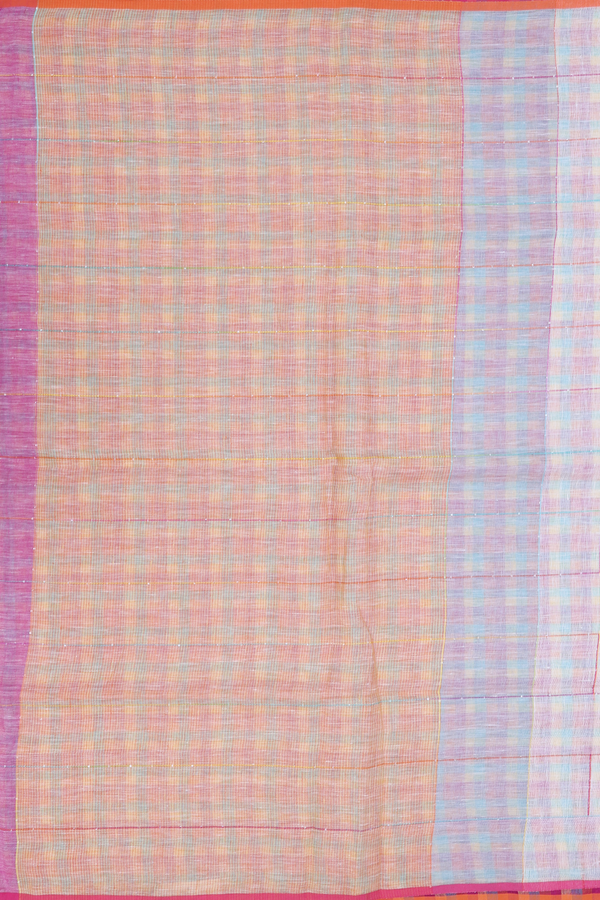 Linen Saree In White With Checks Design