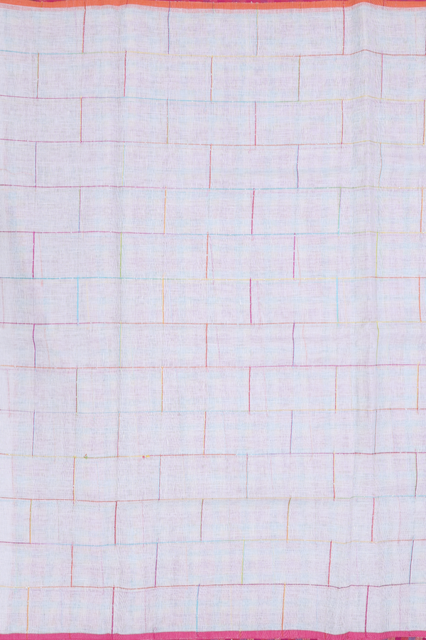 Linen Saree In White With Checks Design