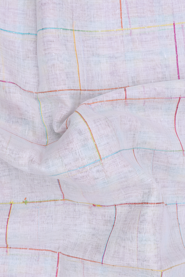 Linen Saree In White With Checks Design