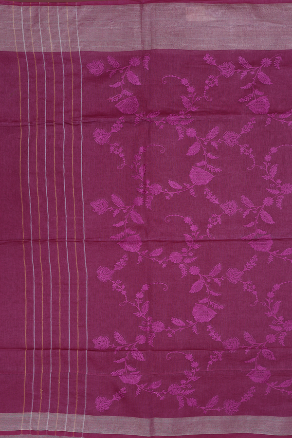 Linen Saree In Plum Purple With Floral Design