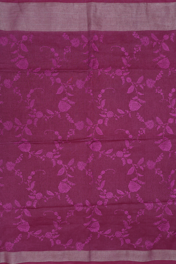 Linen Saree In Plum Purple With Floral Design