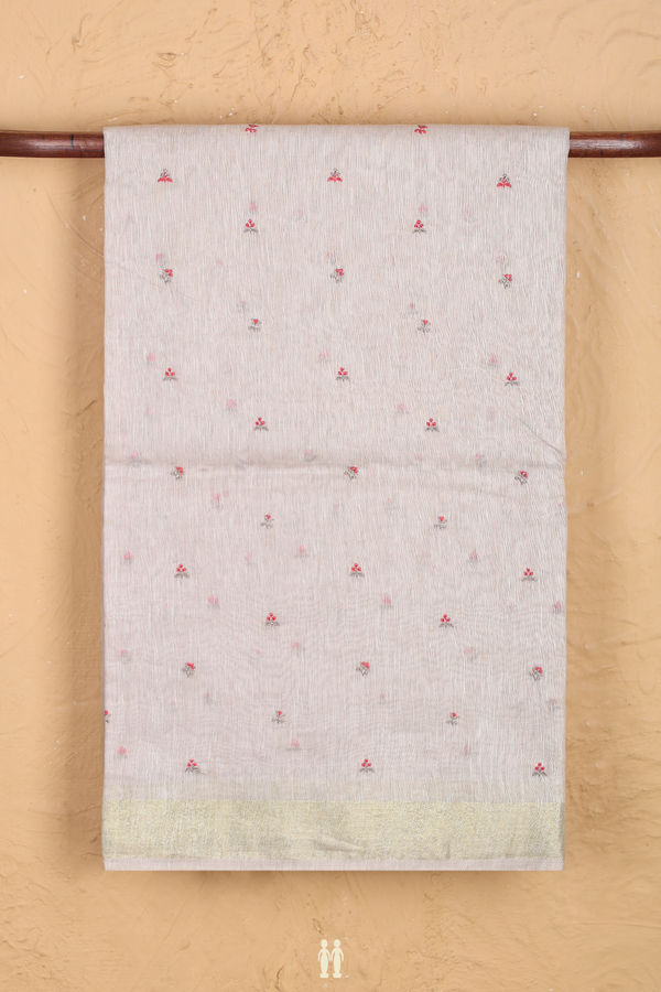 Linen Saree In Off White With Threadwork Buttis