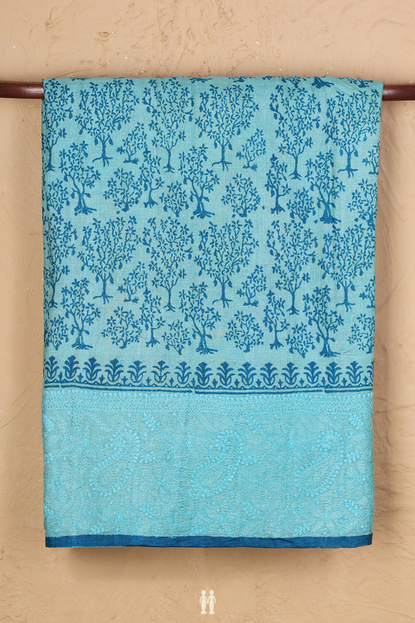 Tussar Silk Saree In Tiffany Blue With Printed Design