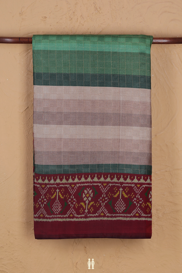 Tussar Silk Saree In Green And Brown With Checks Design