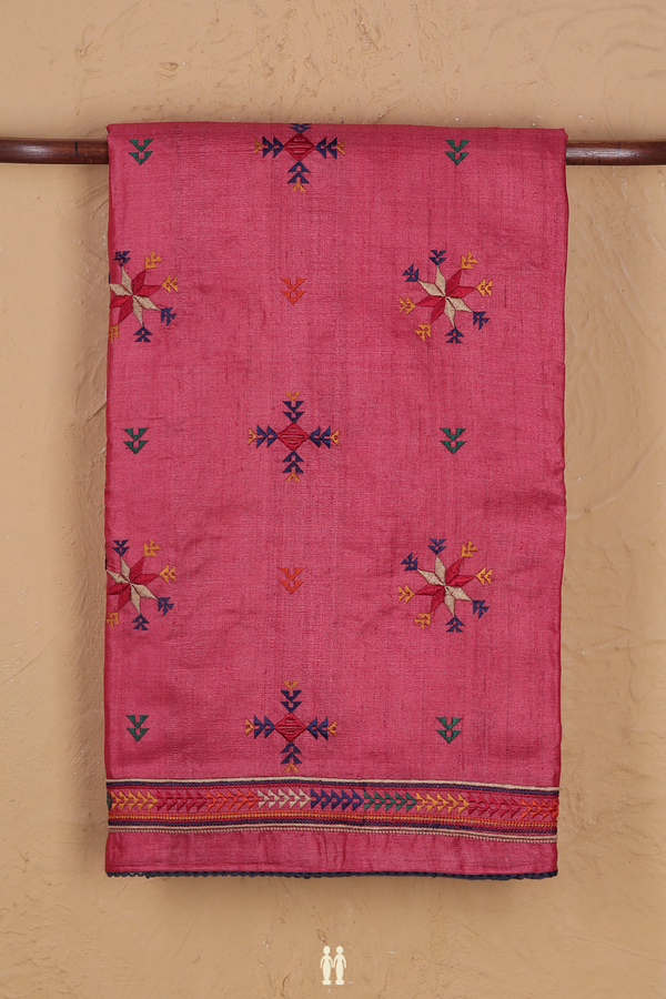 Tussar Silk Saree In Red With Embroidered Design