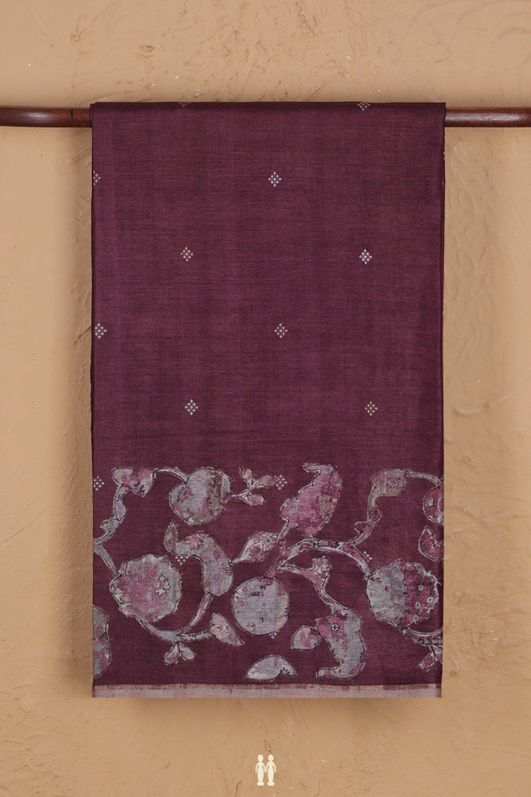 Tussar Silk Saree In Plum Brown With Zari Buttas
