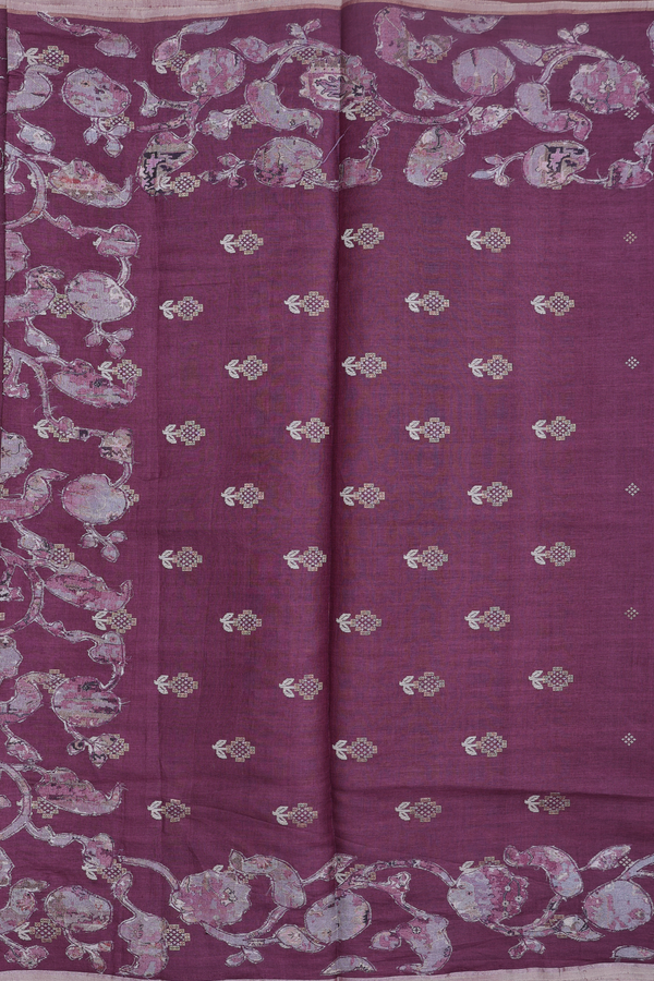 Tussar Silk Saree In Plum Brown With Zari Buttas