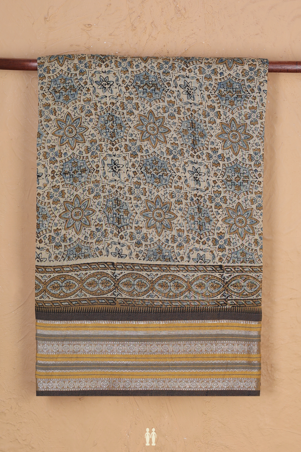 Chanderi Silk Cotton Saree In Cream Color With Ajrakh Design