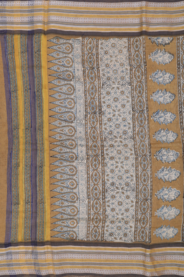 Chanderi Silk Cotton Saree In Cream Color With Ajrakh Design