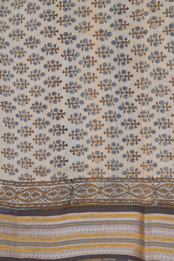 Chanderi Silk Cotton Saree In Cream Color With Ajrakh Design