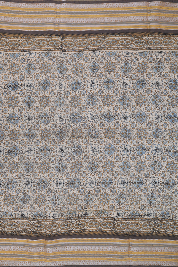 Chanderi Silk Cotton Saree In Cream Color With Ajrakh Design