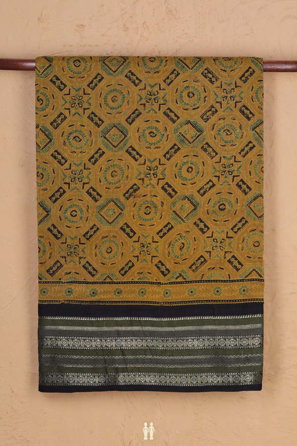 Chanderi Silk Cotton Saree In Yellow With Ajrakh Design