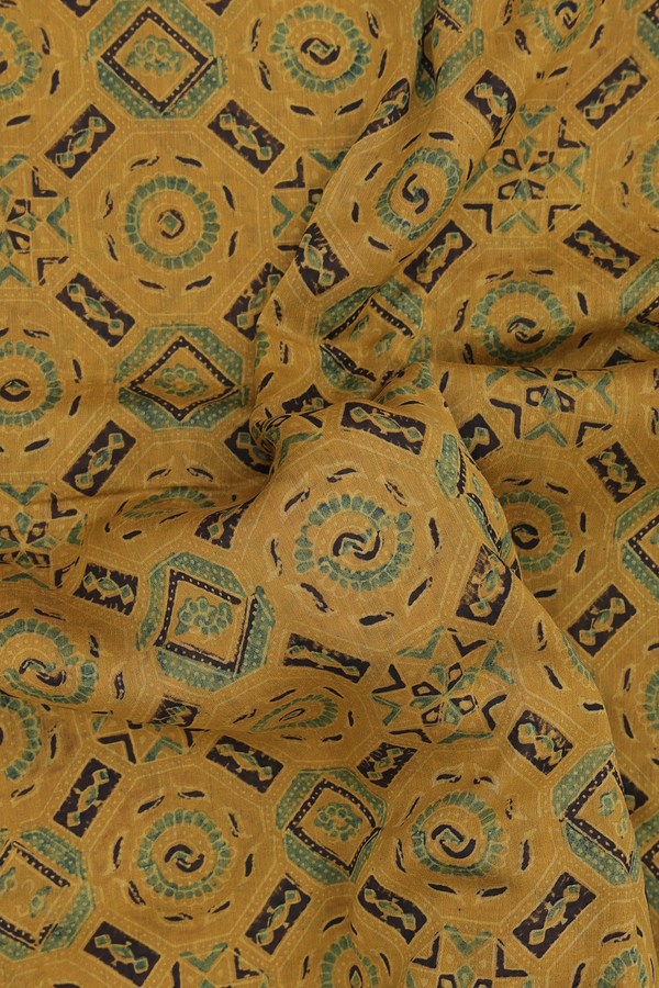 Chanderi Silk Cotton Saree In Yellow With Ajrakh Design