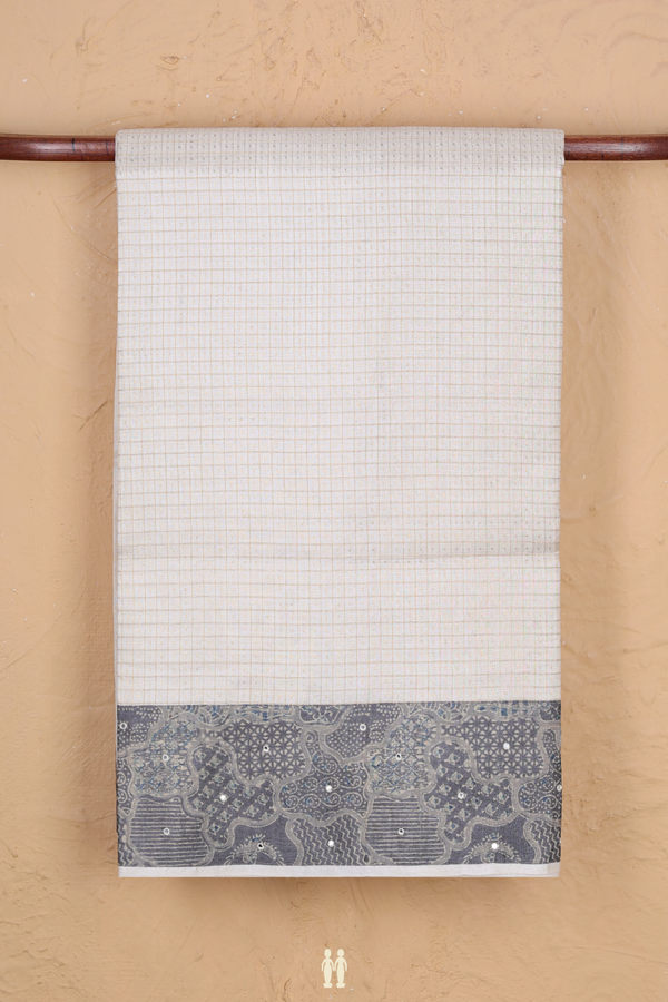 Tussar Silk Saree In Off White Checks Design