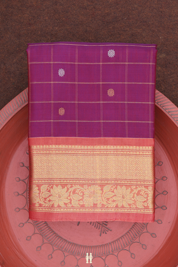 Gadwal Silk Cotton Saree In Berry Purple With Checks Design