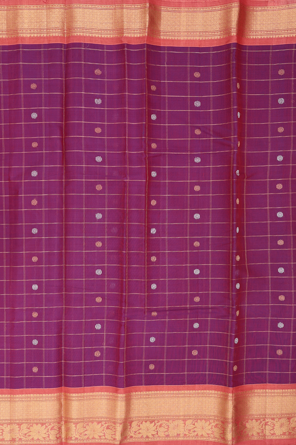Gadwal Silk Cotton Saree In Berry Purple With Checks Design