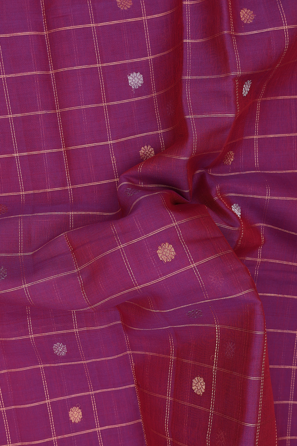 Gadwal Silk Cotton Saree In Berry Purple With Checks Design