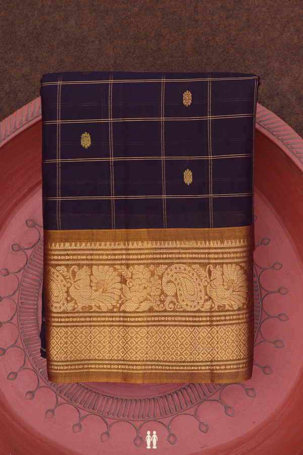 Gadwal Silk Saree In Dark Oak Brown With Checks Design