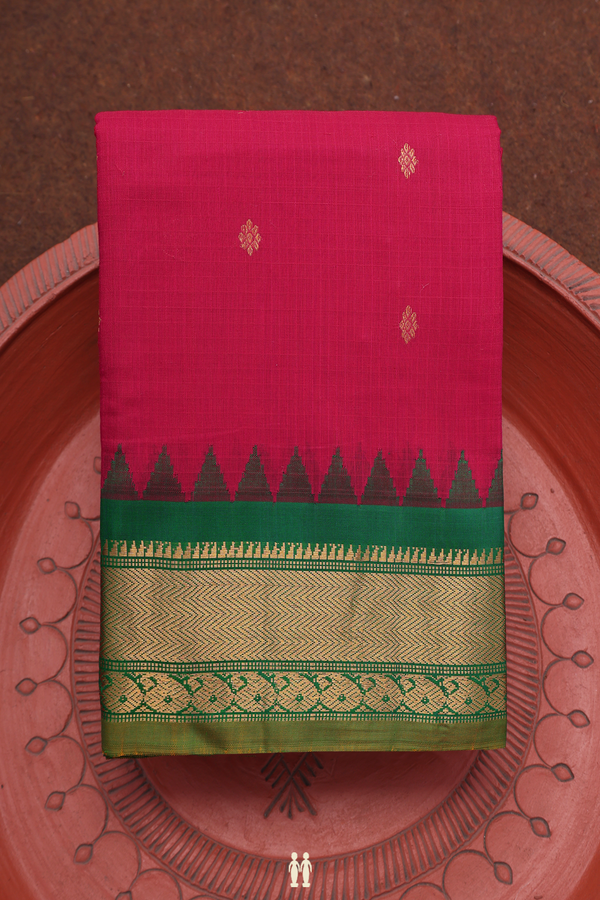 Gadwal Silk Cotton Saree In Rani Pink With Floral Zari Buttas