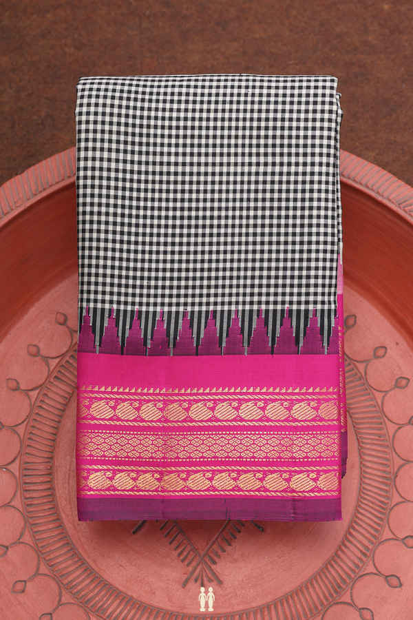 Gadwal Silk Saree In Black And White With Checks Design