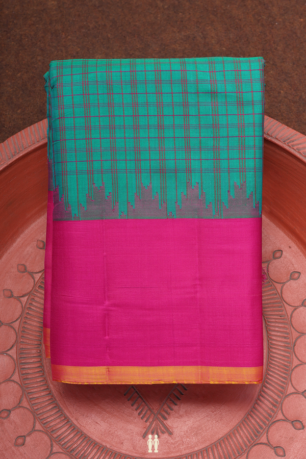 Gadwal Silk Cotton Saree In Green With Checks Design