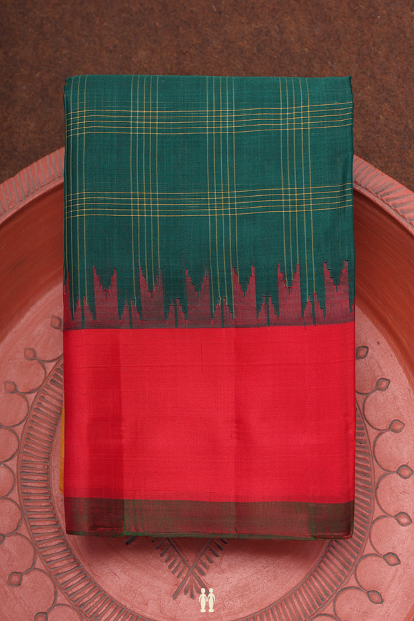Gadwal Silk Cotton Saree In Forest Green With Checks Design
