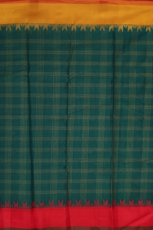Gadwal Silk Cotton Saree In Forest Green With Checks Design